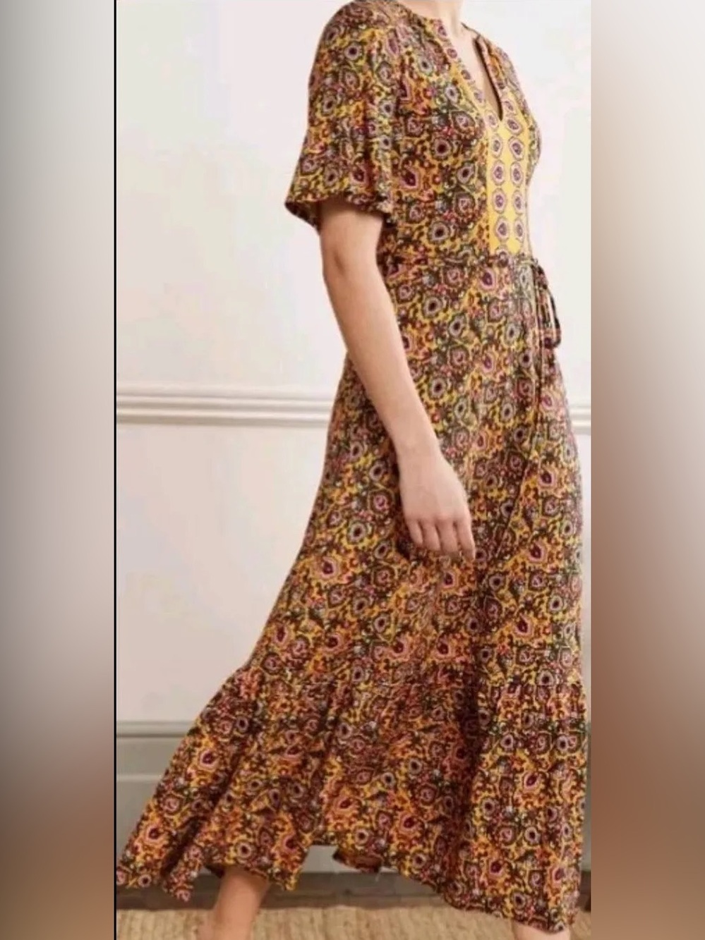 Boden Yellow and Pink Floral V-Neck Tiered Maxi Dress